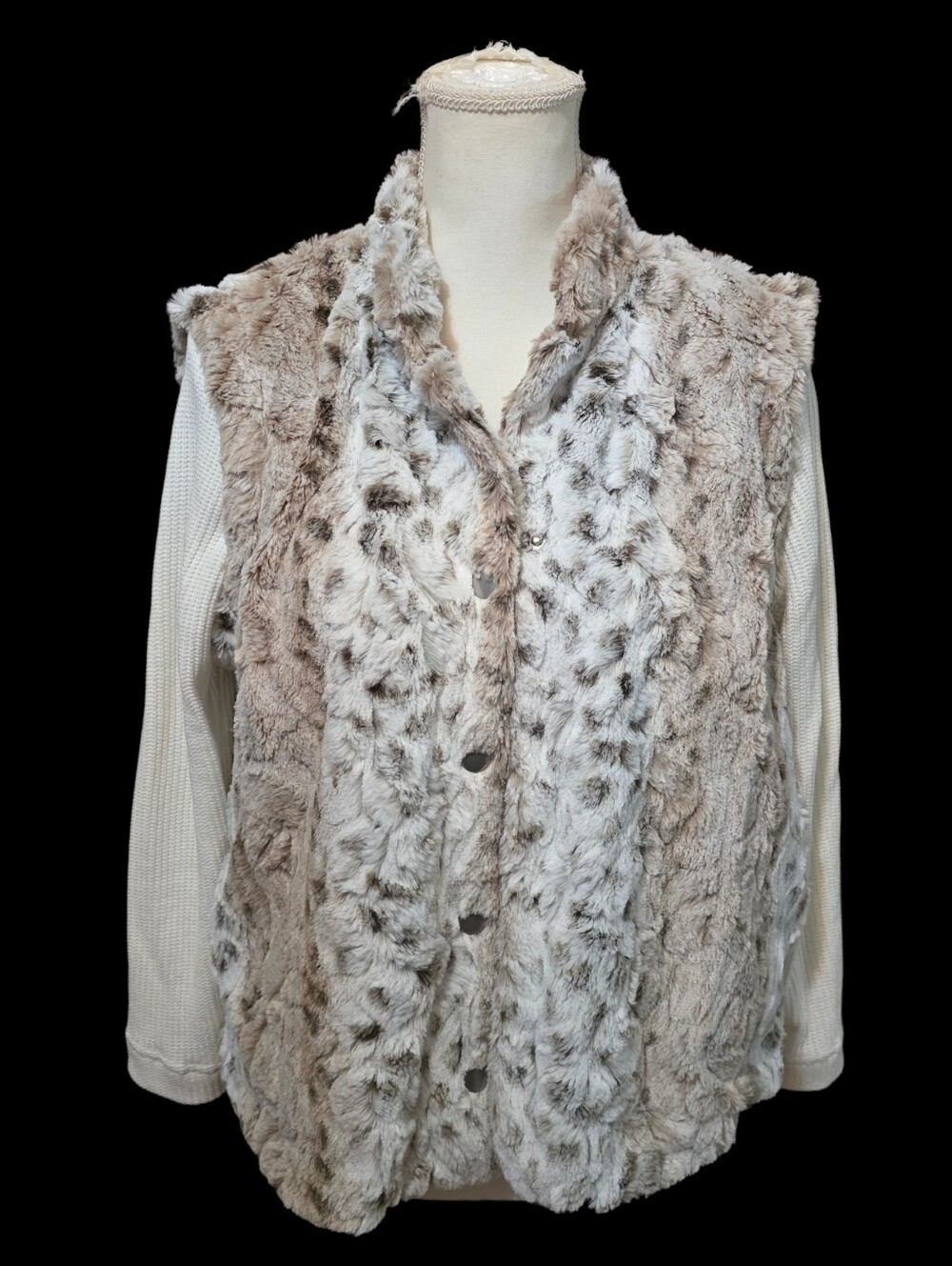 Alfred Dunner Taupe and Cream Faux Fur Button-Front Vest With Attached Sleeves